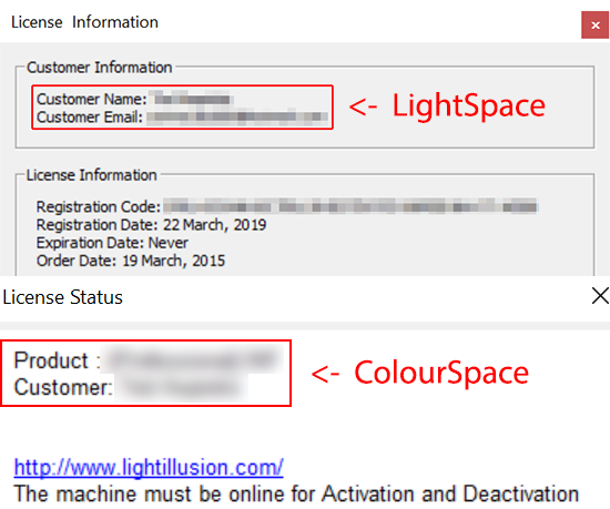 LightSpace's License Information Window
