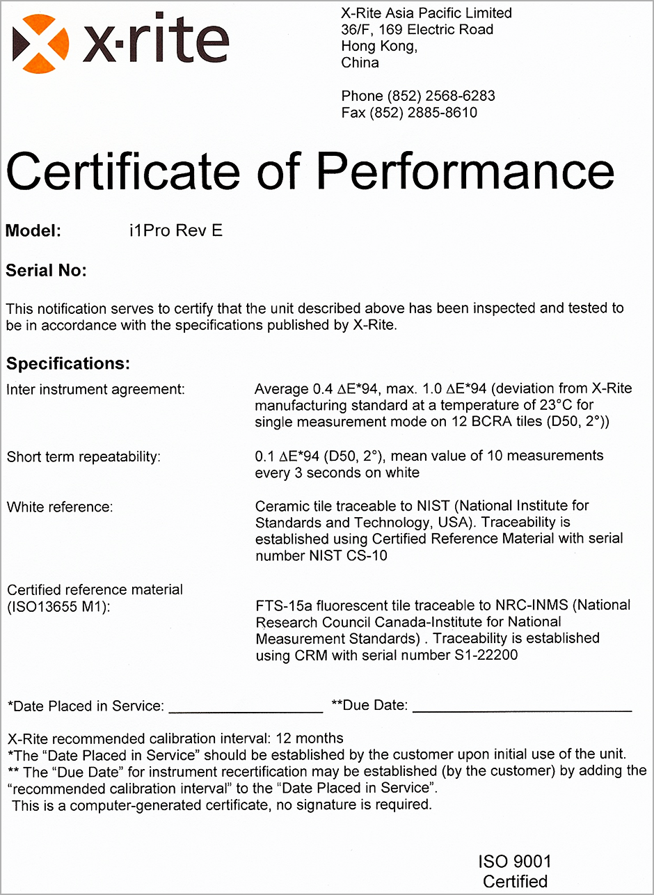X-Rite i1PRO2 Rev.E Spectrophotometer NIST Traceable Certification