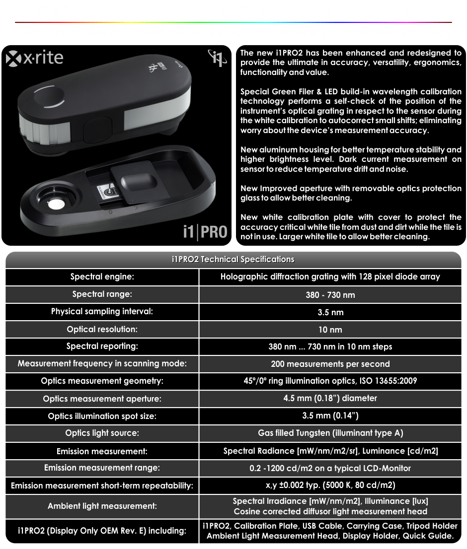 X-Rite i1PRO2 OEM Rev.E Spectrophotometer Specifications